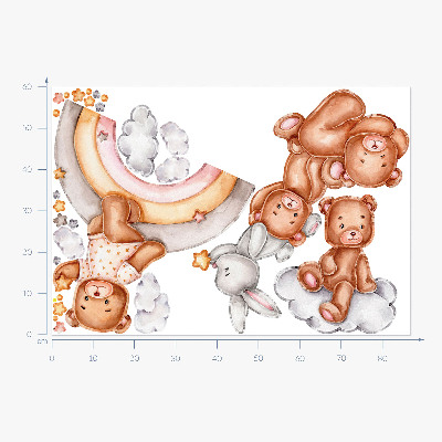 Wandaufkleber 60x87 Teddybären und ein Kaninchen in einem pastellfarbenen Regenbogen und Wolken
