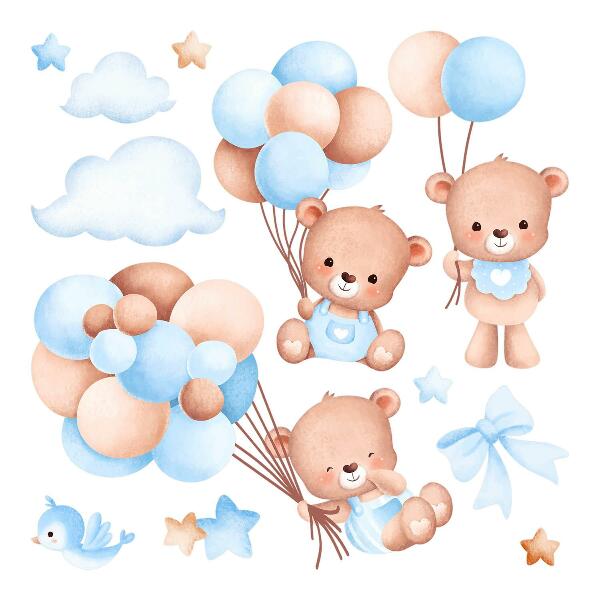 Wandaufkleber 60x104 Süße Teddybären mit Luftballons in Pastelltönen