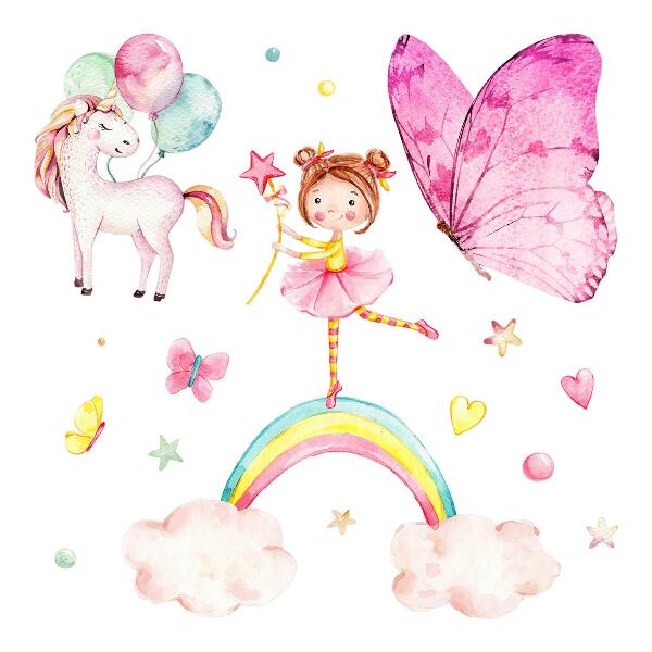 Wandaufkleber 60x78 Pastellfarbenes Einhorn mit Luftballons auf einem Regenbogen