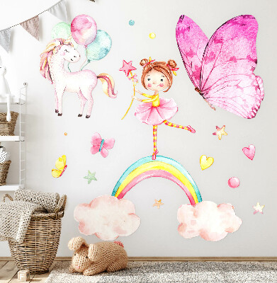 Wandaufkleber 60x78 Pastellfarbenes Einhorn mit Luftballons auf einem Regenbogen