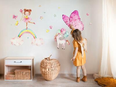 Wandaufkleber 60x78 Pastellfarbenes Einhorn mit Luftballons auf einem Regenbogen