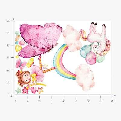 Wandaufkleber 60x78 Pastellfarbenes Einhorn mit Luftballons auf einem Regenbogen