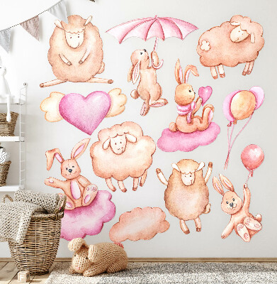 Wandaufkleber 60x96 Pastellwolken mit Schafen und Kaninchen