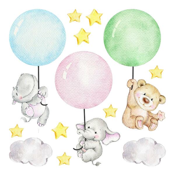 Wandaufkleber 60x84 Kleine Tiere mit Luftballons in Pastellfarben