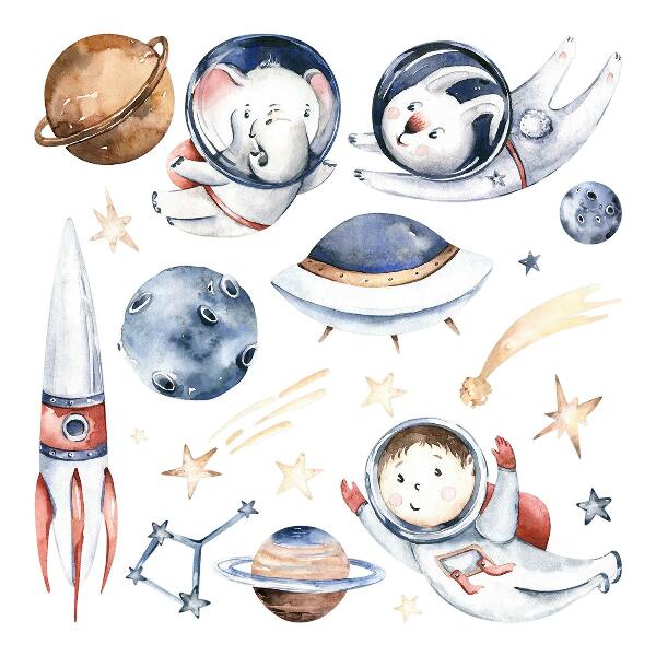 Wandaufkleber 60x103 Kleine Astronauten im pastellfarbenen Weltraum