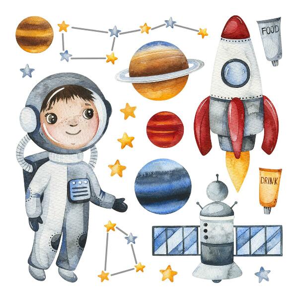 Wandaufkleber 60x80 Die Weltraumreise eines kleinen Astronauten in Aquarell