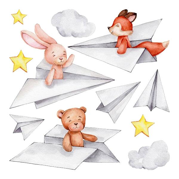 Wandaufkleber 60x102 Niedliche Tiere in Papierflieger