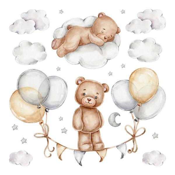 Wandaufkleber 60x80 Teddybären in Pastellballons und Wolken