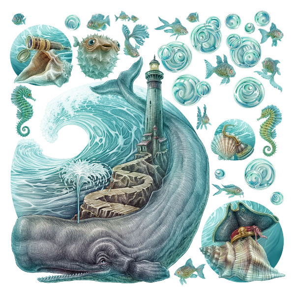 Wandtattoo 60x69 Ein Unterwassermärchen über einen Leuchtturm in Pastelltönen