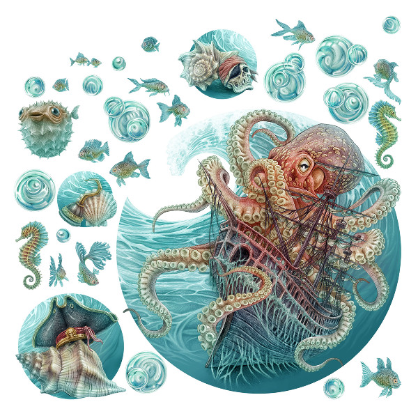 Wandtattoo 60x70 Eine märchenhafte Meereswelt aus Kraken und Schiffen