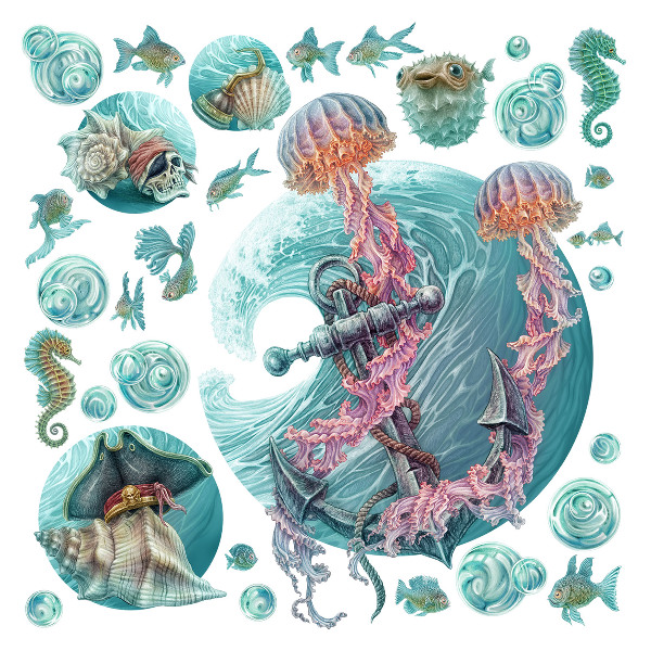 Wandtattoo 60x62 Ein Unterwassermärchen mit Quallen in Pastellfarben
