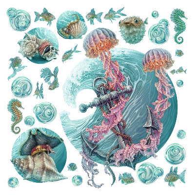Wandtattoo 60x62 Ein Unterwassermärchen mit Quallen in Pastellfarben