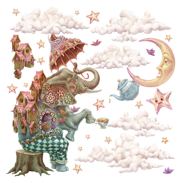 Wandtattoo 60x83 Ein magisches Land der Tiere in Pastellzeichnung