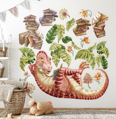 Wandtattoo 60x90 Roter Dinosaurier mit Zeichnungen und Blumen