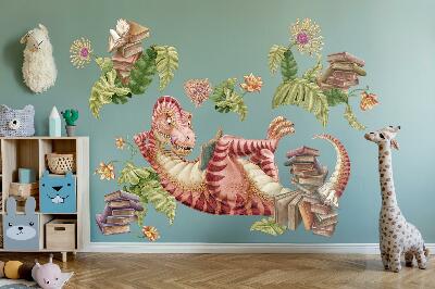 Wandtattoo 60x90 Roter Dinosaurier mit Zeichnungen und Blumen