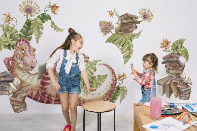 Wandtattoo 60x90 Roter Dinosaurier mit Zeichnungen und Blumen