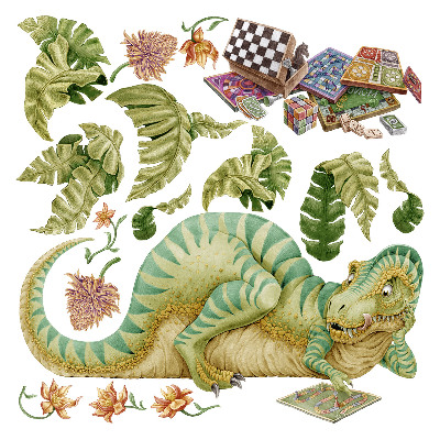 Wandtattoo 60x78 Dinosauriermuster mit Blättern und Blumen in Pastelltönen