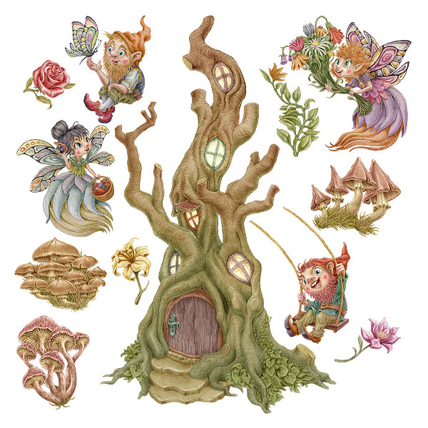 Wandtattoo 60x62 Waldtiere und ein pastellfarbenes Baumhaus