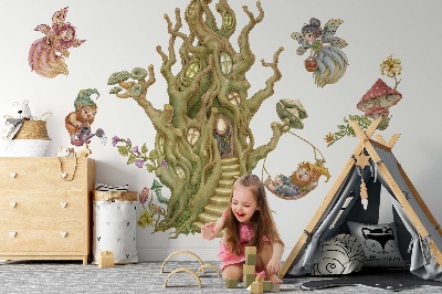 Wandtattoo 60x62 Waldtiere und ein pastellfarbenes Baumhaus