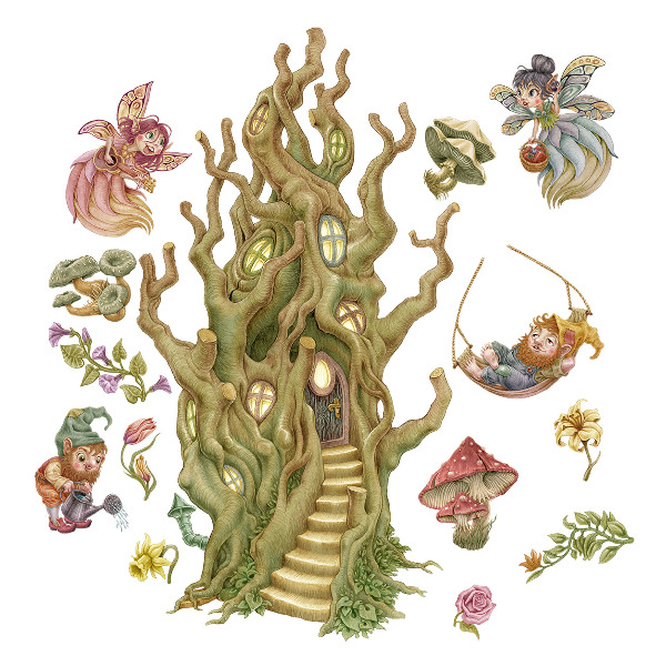 Wandtattoo 60x80 Waldtiere und pastellfarbene Baumhäuser