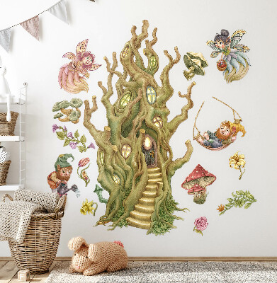 Wandtattoo 60x80 Waldtiere und pastellfarbene Baumhäuser