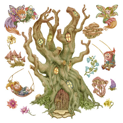 Wandtattoo 60x96 Waldzauber: Feen, Zwerge und ein Pastellhaus