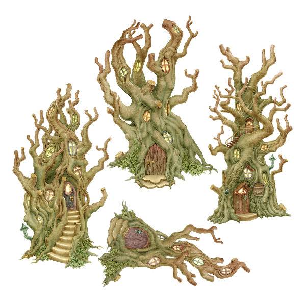 Wandtattoo 60x168 Charmante Waldbaumhäuser im Pastellstil