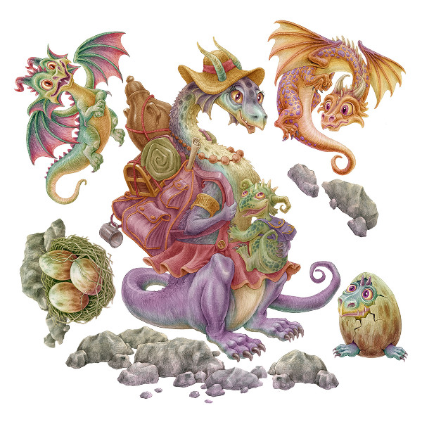 Wandtattoo 60x73 Eine märchenhafte Familie aus bunten Drachen in Pastelltönen