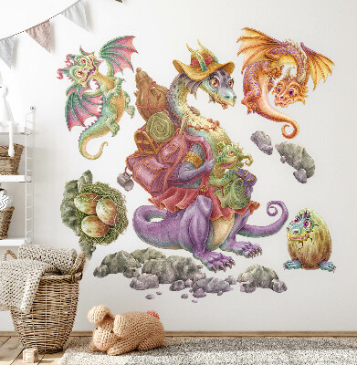 Wandtattoo 60x73 Eine märchenhafte Familie aus bunten Drachen in Pastelltönen