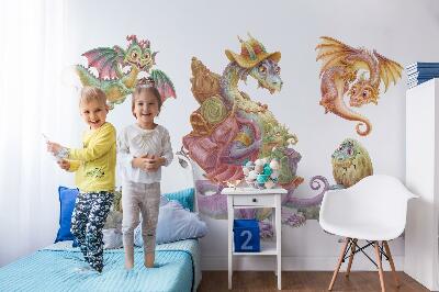 Wandtattoo 60x73 Eine märchenhafte Familie aus bunten Drachen in Pastelltönen