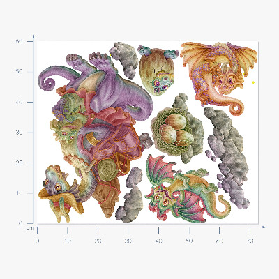 Wandtattoo 60x73 Eine märchenhafte Familie aus bunten Drachen in Pastelltönen