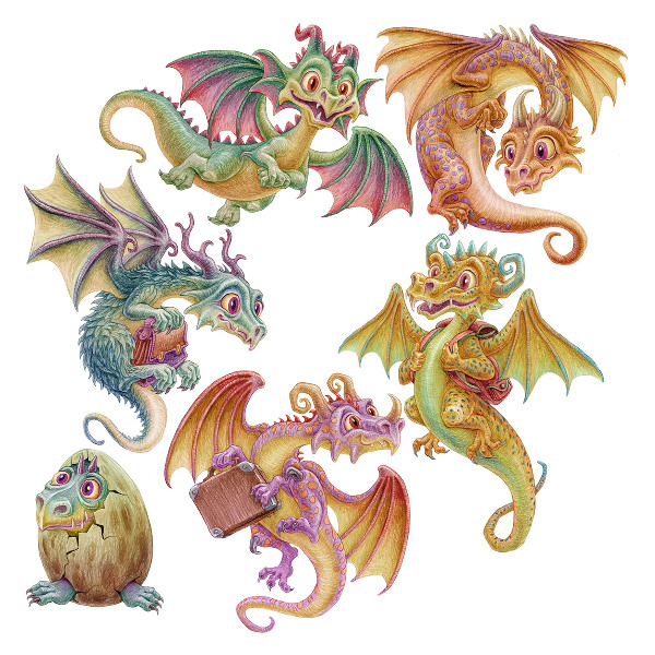 Wandtattoo 60x51 Bunte Drachen im märchenhaften Cartoon-Stil