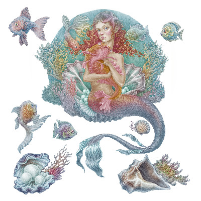 Wandtattoo 60x60 Meerjungfrau im pastellfarbenen Unterwasserstil