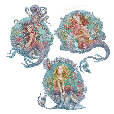 Wandtattoo 60x77 Unterwassermärchen mit kleinen Meerjungfrauen in Pastell