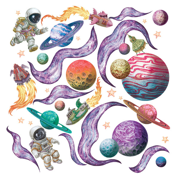 Wandtattoo 60x92 Weltraumabenteuer von Raketen und Planeten in Pastelltönen