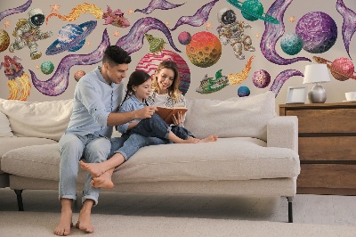 Wandtattoo 60x92 Weltraumabenteuer von Raketen und Planeten in Pastelltönen