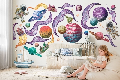 Wandtattoo 60x92 Weltraumabenteuer von Raketen und Planeten in Pastelltönen