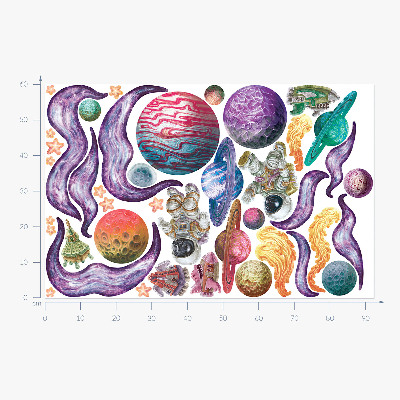 Wandtattoo 60x92 Weltraumabenteuer von Raketen und Planeten in Pastelltönen