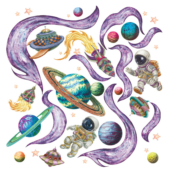 Wandtattoo 60x103 Astronautenraketen vor dem Hintergrund von Planeten in Pastelltönen