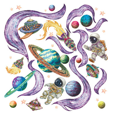 Wandtattoo 60x103 Astronautenraketen vor dem Hintergrund von Planeten in Pastelltönen