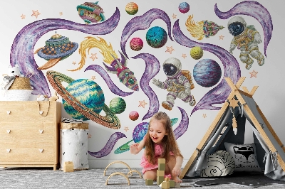 Wandtattoo 60x103 Astronautenraketen vor dem Hintergrund von Planeten in Pastelltönen