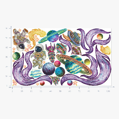 Wandtattoo 60x103 Astronautenraketen vor dem Hintergrund von Planeten in Pastelltönen