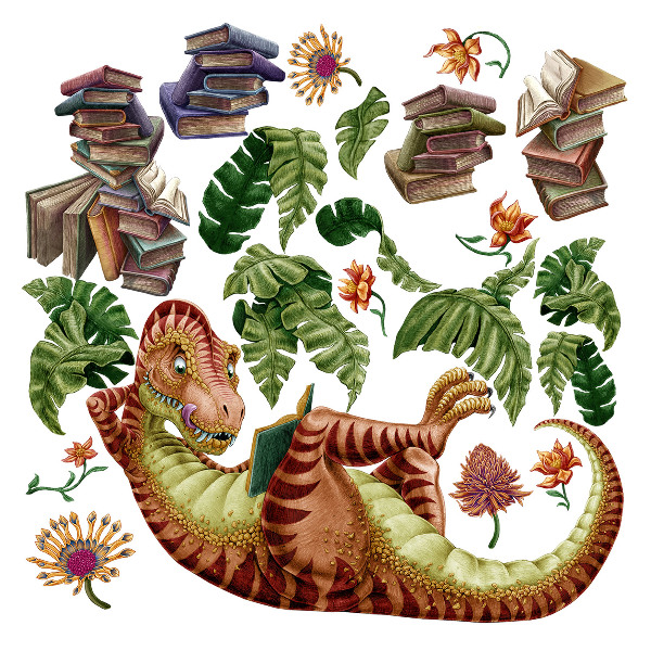 Wandtattoo 80x119 Roter Dinosaurier mit Zeichnungen und Vegetation