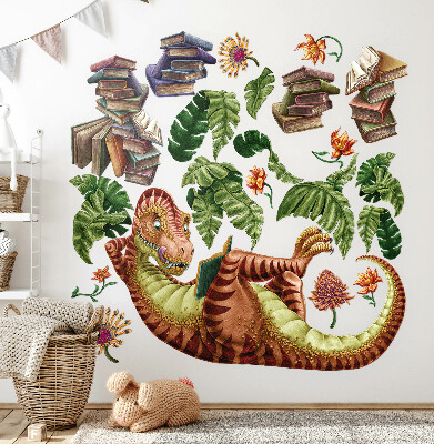 Wandtattoo 80x119 Roter Dinosaurier mit Zeichnungen und Vegetation