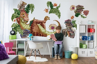Wandtattoo 80x119 Roter Dinosaurier mit Zeichnungen und Vegetation