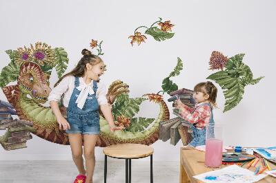 Wandtattoo 80x119 Roter Dinosaurier mit Zeichnungen und Vegetation