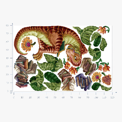 Wandtattoo 80x119 Roter Dinosaurier mit Zeichnungen und Vegetation