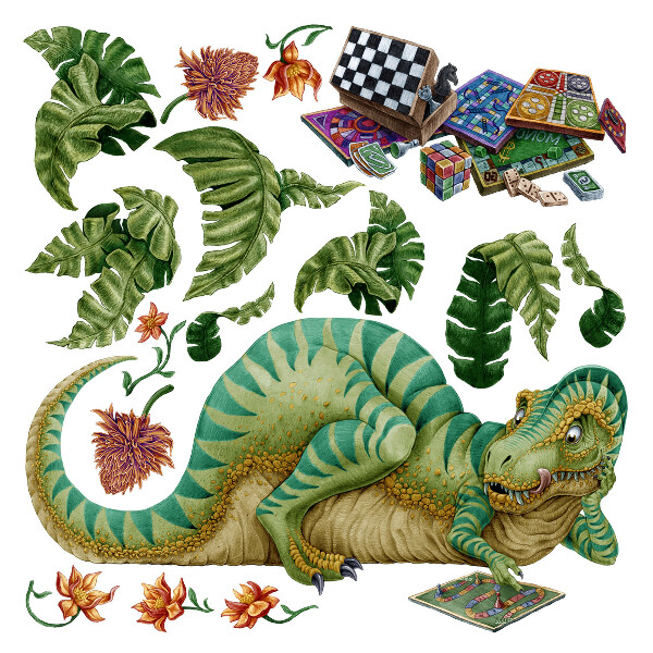 Wandtattoo 80x102 Dinosaurier im Cartoon-Stil mit Blättern und Blumen