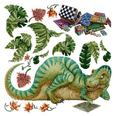 Wandtattoo 80x102 Dinosaurier im Cartoon-Stil mit Blättern und Blumen