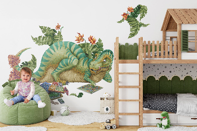 Wandtattoo 80x102 Dinosaurier im Cartoon-Stil mit Blättern und Blumen